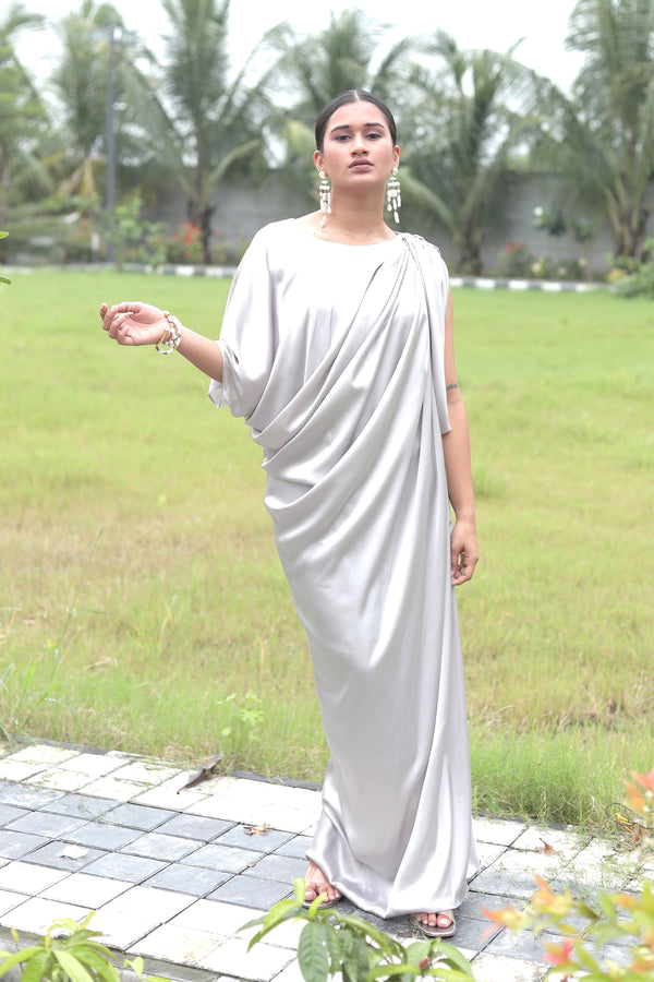 Silver Pleated Drape Satin Evening Gown Dress with Asymmetric Cowl Sleeves