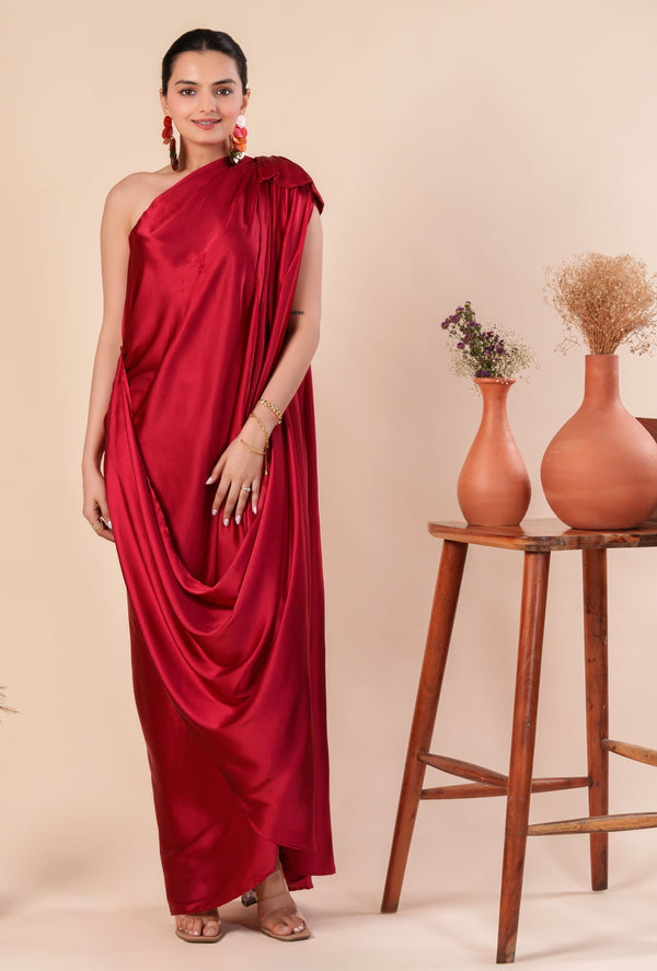 Maroon Red One Shoulder Pleated Drape Satin Evening Gown Dress