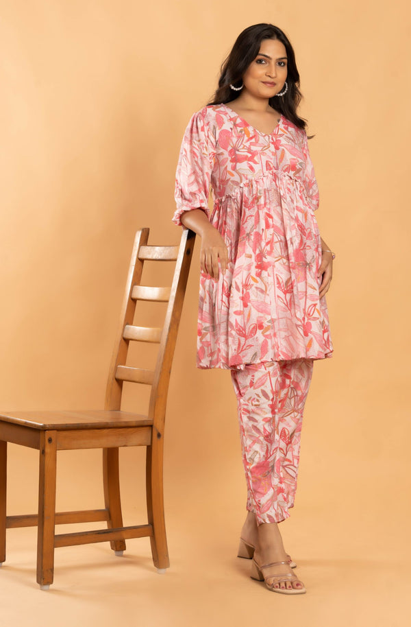 Floral Foil Printed Pink Muslin A Line Co-ord Set