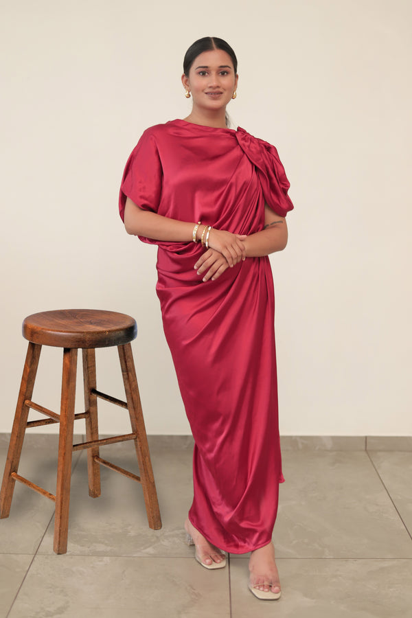 Maroon Red Pleated Drape Satin Evening Gown Dress with Asymmetric Sleeves