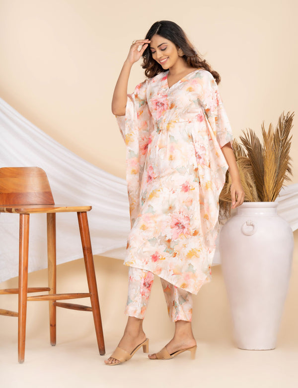 Women Vintage Floral Off White & Taffy Pink Printed Kaftan Co-ord Set