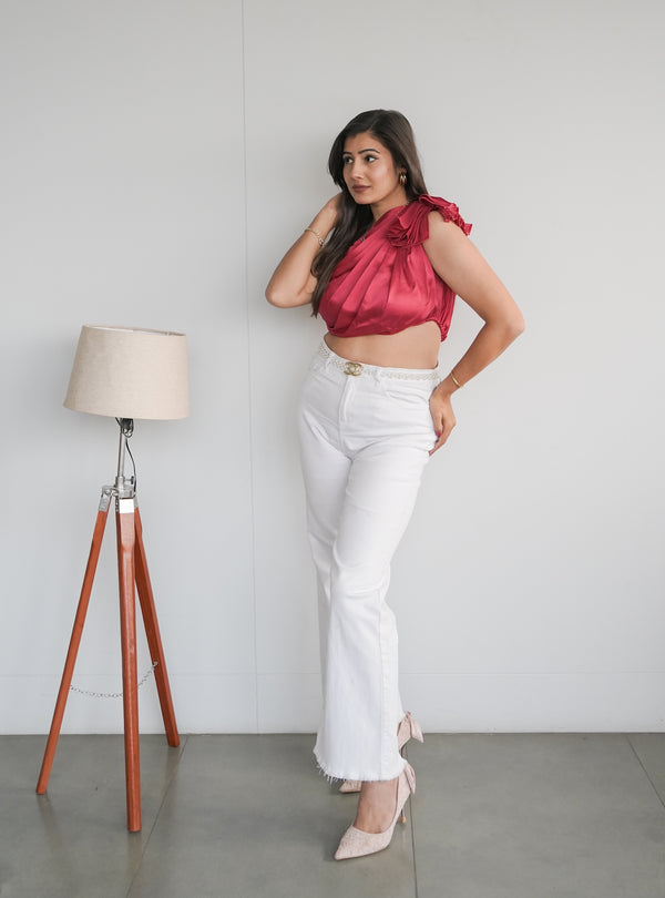 One Shoulder Pleated Satin Pink Crop Top