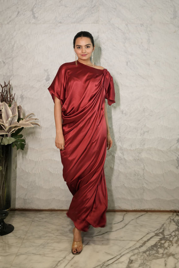 Maroon Red Pleated Drape Satin Evening Gown Dress with Asymmetric Sleeves