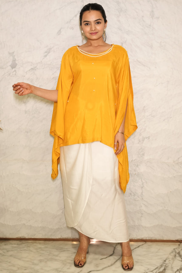 Mustard Yellow Pure Muslin Kaftan Top with Pearl Embellisments and White Modal Silk Wrap Round Skirt with Buckle (Size M-XXL)