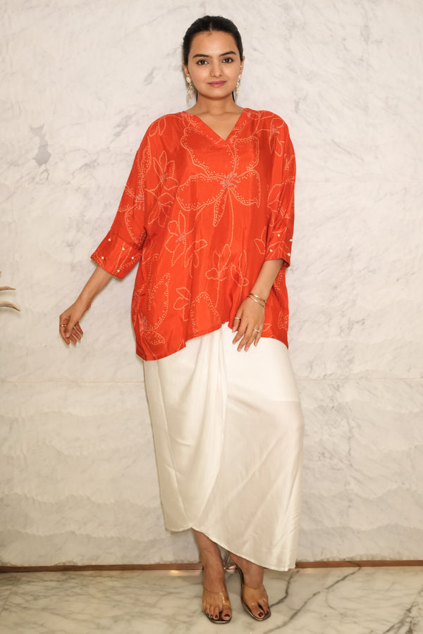 Red Bandhani Printed Pure Muslin Batwing Loose Top with White Modal Silk Wrap Round Skirt with Buckle (Size M-XXL)