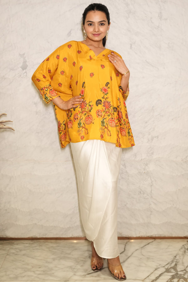 Mustard Yellow Floral Printed Pure Muslin Batwing Loose Top with White Modal Silk Wrap Round Skirt with Buckle (Size M-XXL)