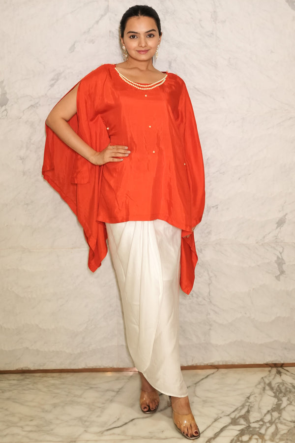 Red Pure Muslin Kaftan Top with Pearl Embellisments and White Modal Silk Wrap Round Skirt with Buckle (Size M-XXL)