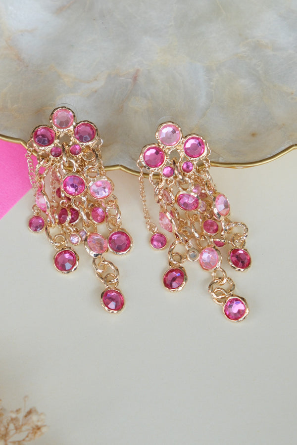 Crystal Tassel Earrings in Pink Color and Gold Polish