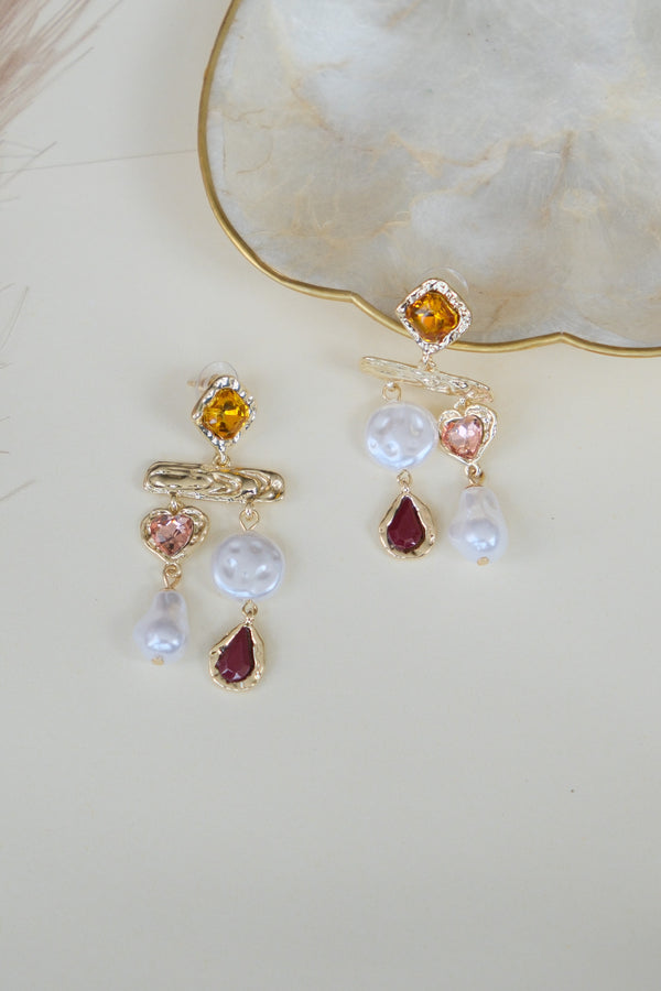 Crystal and Pearl Earrings in Pink and Marron in Gold Polish