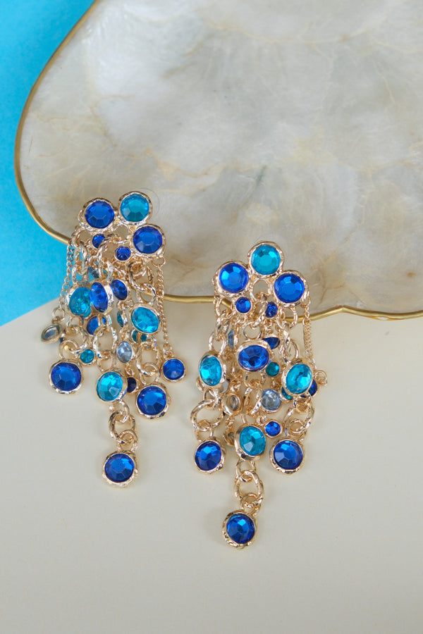 Crystal Tassel Earrings with Blue Crystals and in Gold Polish