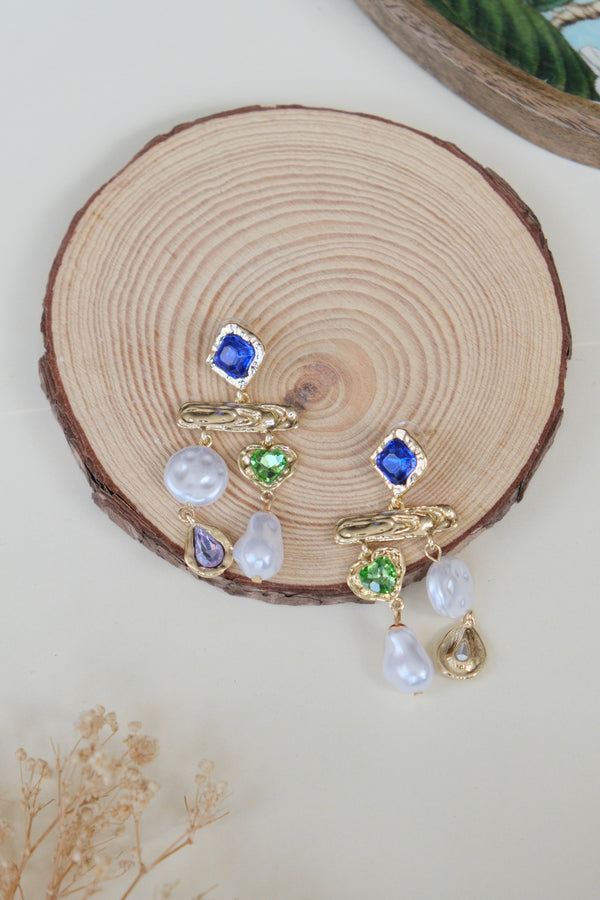 Crystal and Pearl Earrings in Green & Blue in Gold Polish