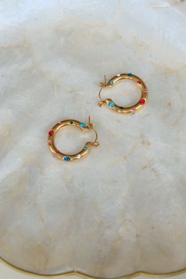 Anti Tarnish Colorful Crystal Hoops in Gold Polish