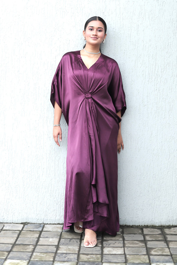 Women Dark Purple Satin Kaftan Dress with Centre Pleating (Size M-XXL)