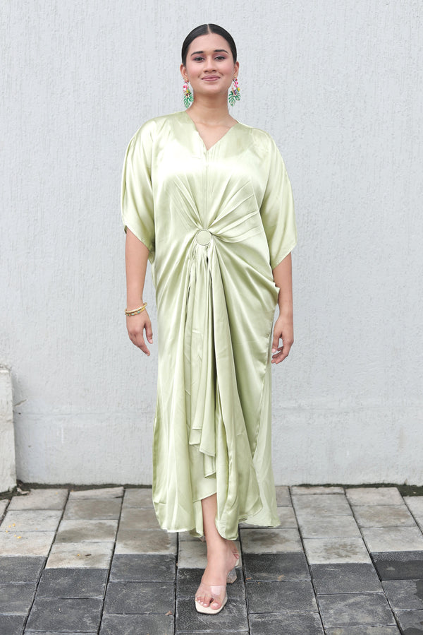 Women Green Satin Kaftan Dress with Centre Pleating (Size M-XXL)