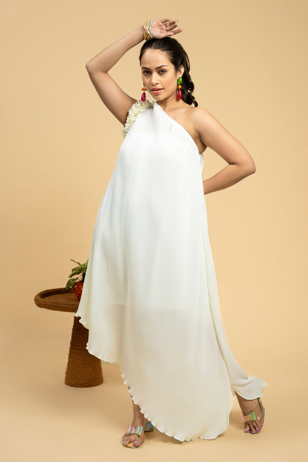 Woman wearing a Cream one-shoulder dress 