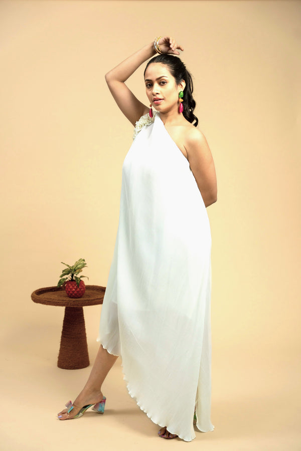 Woman wearing a Cream one-shoulder dress 