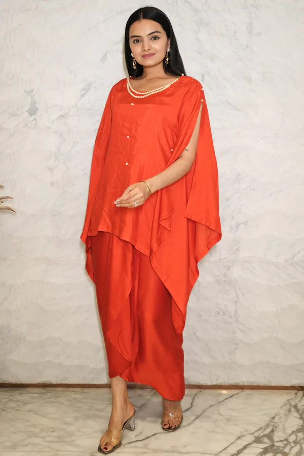 Woman wearing a Red Loose Top With Wrap Round Skirt With Buckle Co-Ord Set
