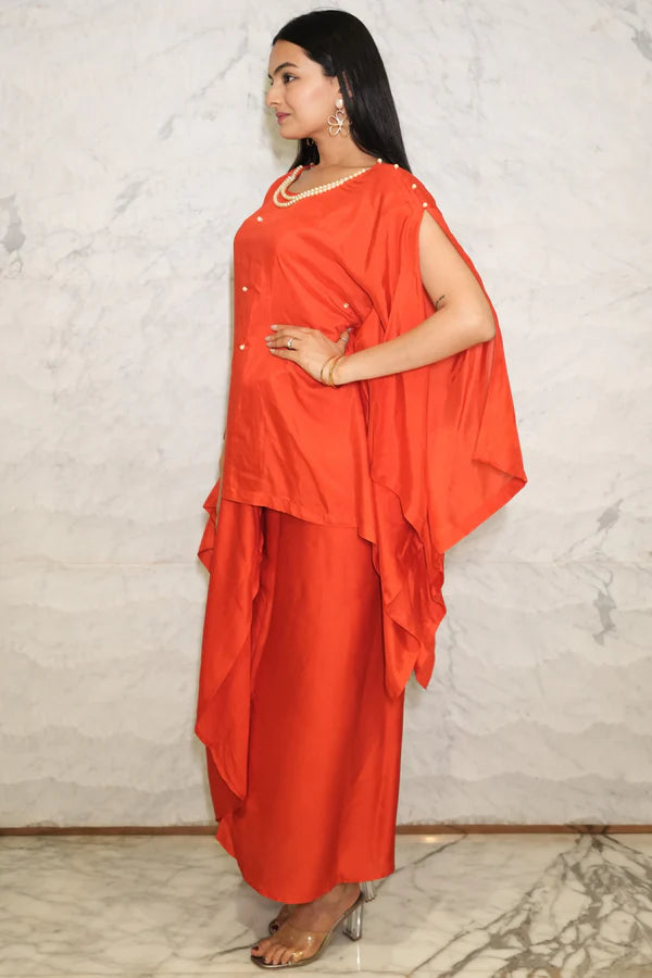 Woman wearing a Red Loose Top With Wrap Round Skirt With Buckle Co-Ord Set