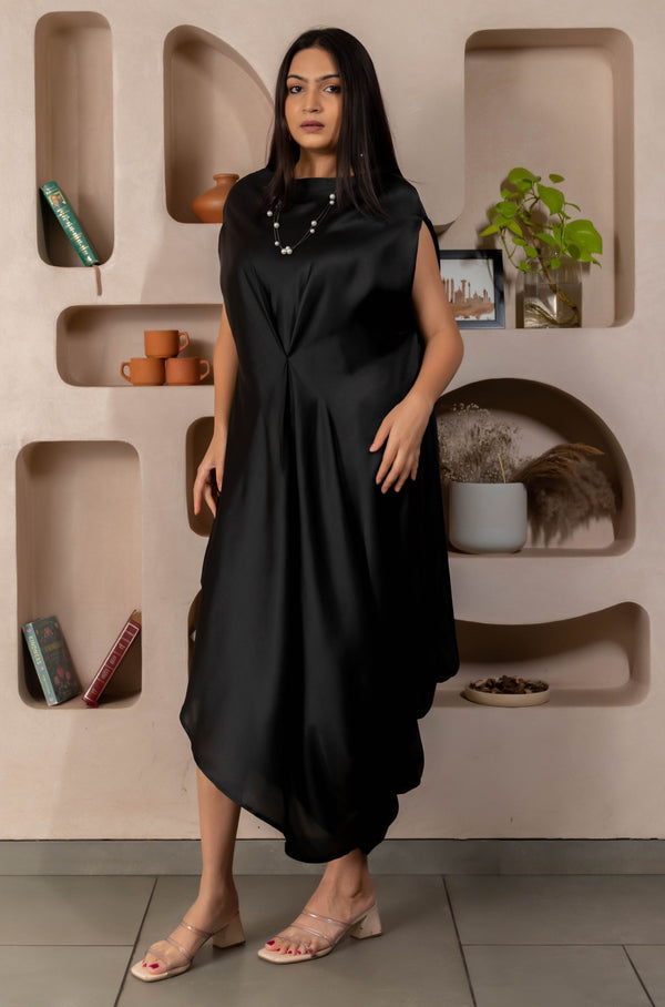 Woman wearing a Black Cowl dress 