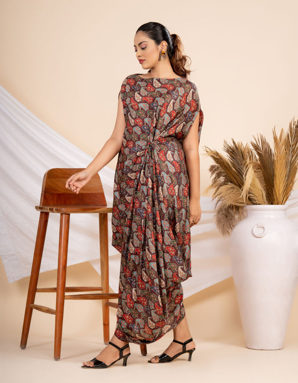 Woman wearing a Maroon printed Cowl dress 