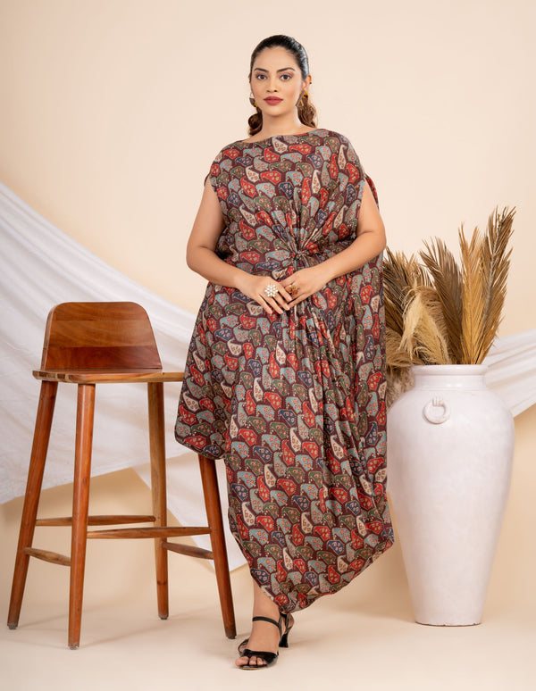 Woman wearing a Maroon printed Cowl dress 