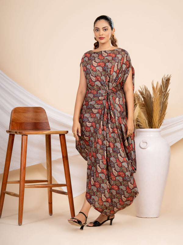 Woman wearing a Maroon printed Cowl dress 