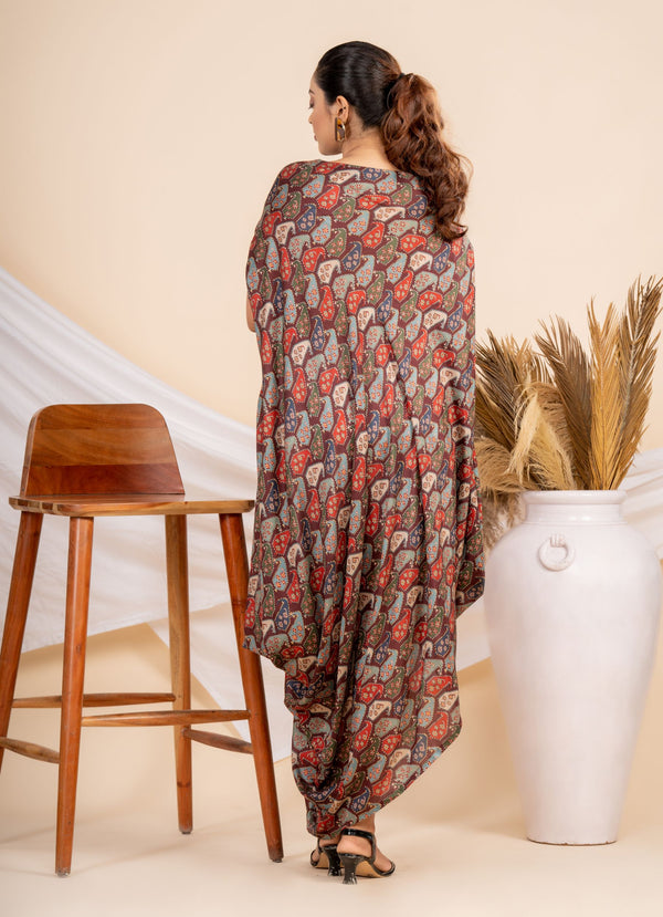 Woman wearing a Maroon printed Cowl dress 