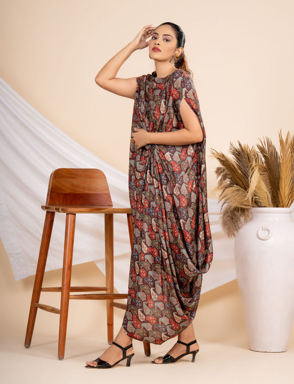 Woman wearing a Maroon printed Cowl dress 