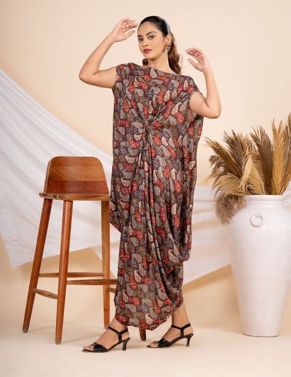 Woman wearing a Maroon printed Cowl dress 