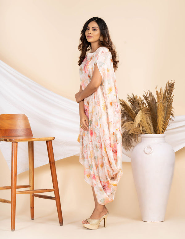 Woman wearing a Pink Floral printed Cowl dress 