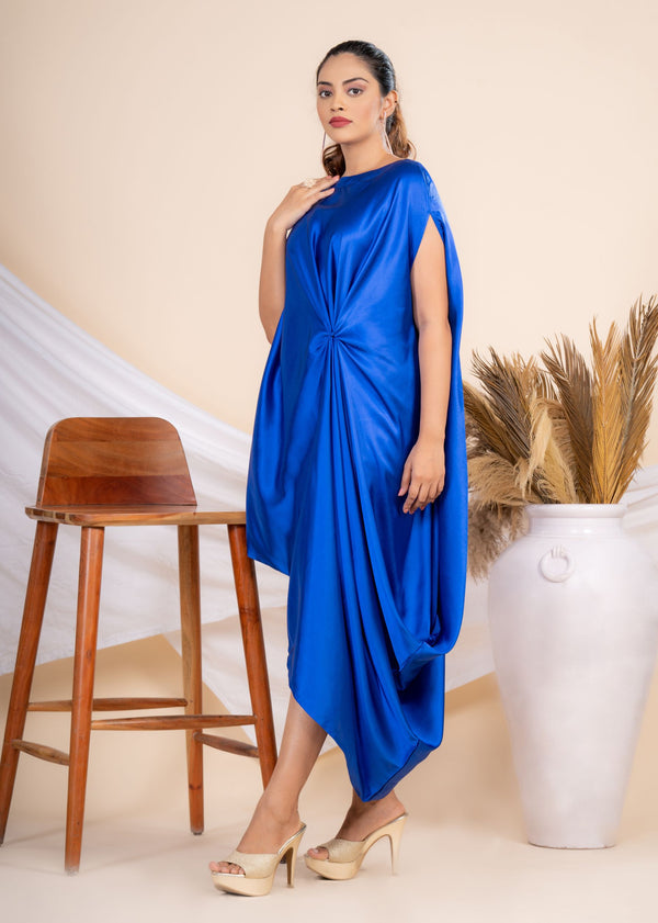 Woman wearing a Blue Cowl dress 