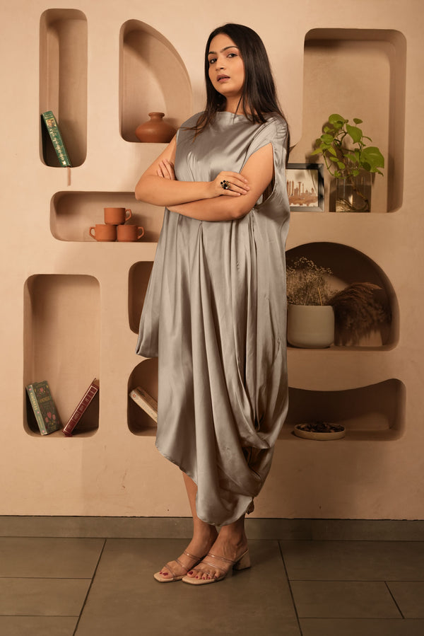 Woman wearing a Silver Cowl dress 