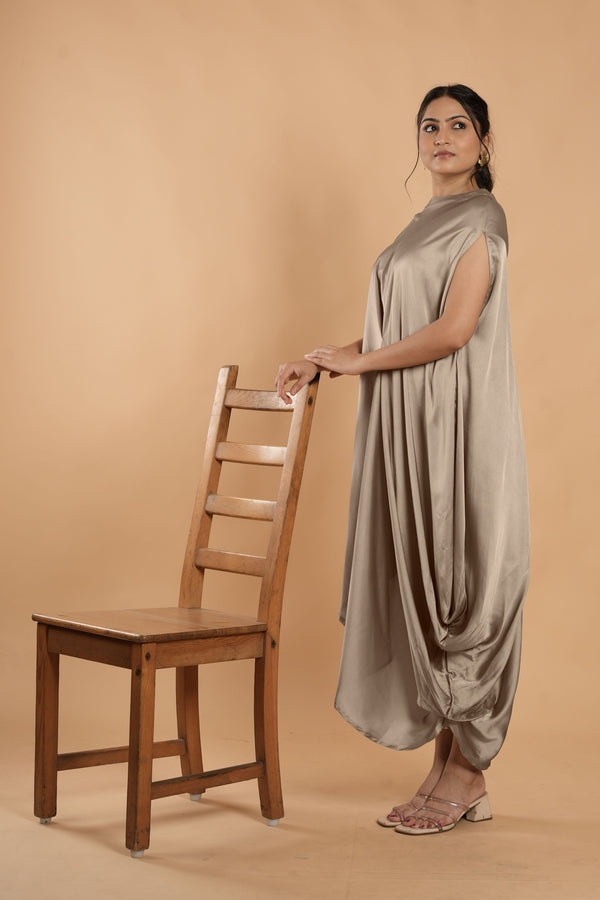 Woman wearing a Silver Cowl dress 