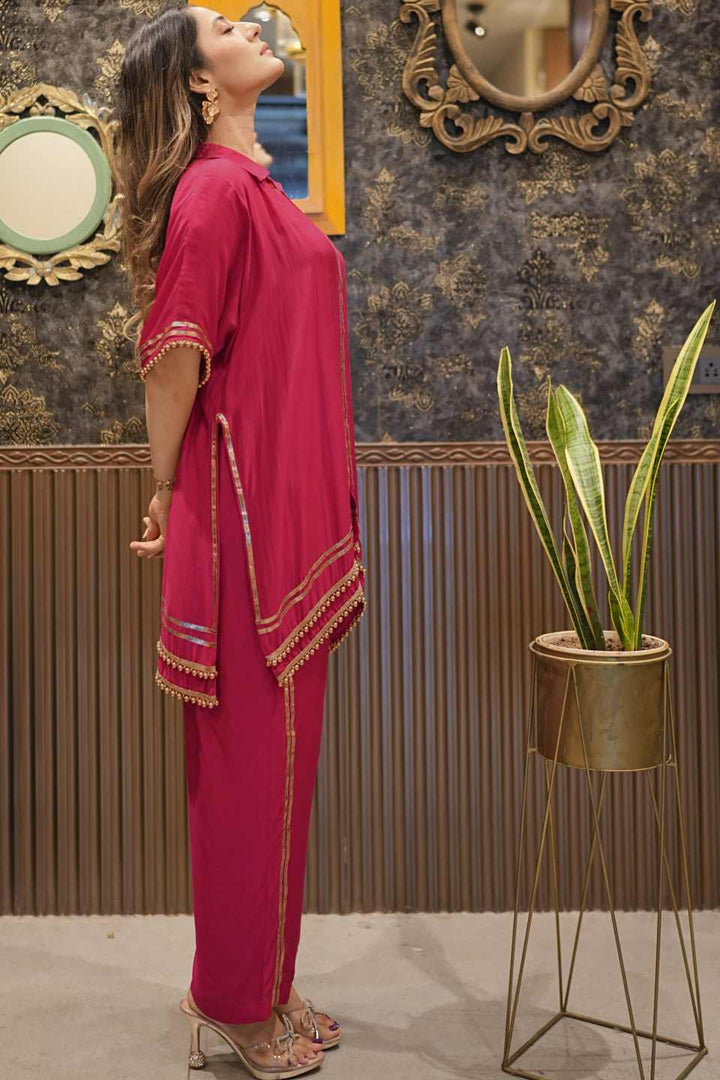 Woman in a Mush Clothing pink traditional coord set. Festive wear
