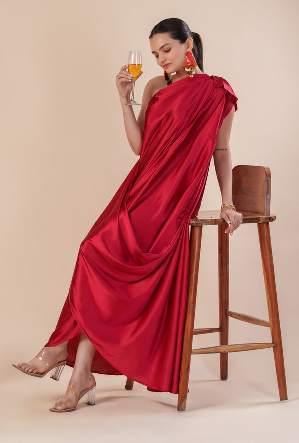 Woman wearing a red one-shoulder dress 