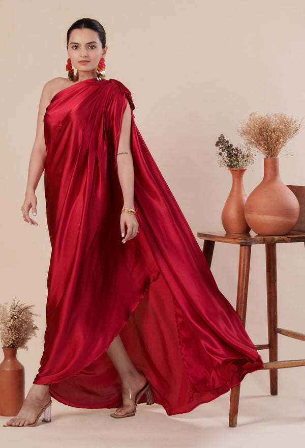 Woman wearing a red one-shoulder dress 