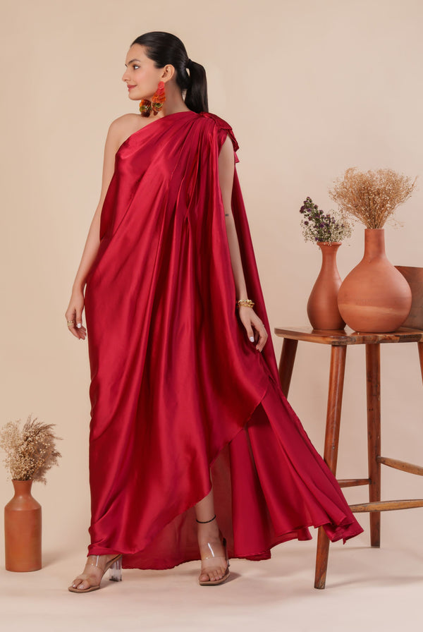 Woman wearing a red one-shoulder dress 