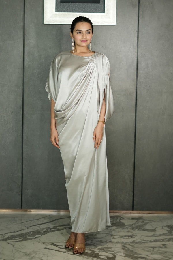 Woman wearing a silver Pleated Drape Gown Dress 