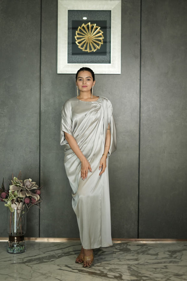 Woman wearing a silver Pleated Drape Gown Dress 