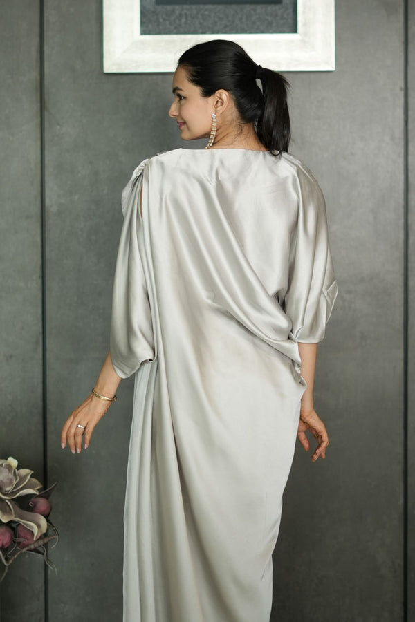 Woman wearing a silver Pleated Drape Gown Dress 