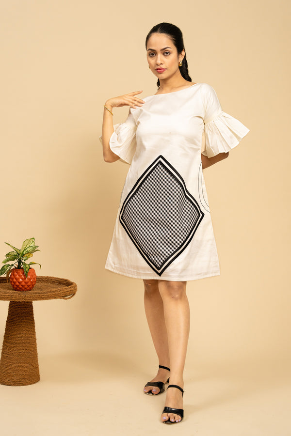 Mush Clothing Women White and Black Checks Viscose Cotton A Line Short Dress