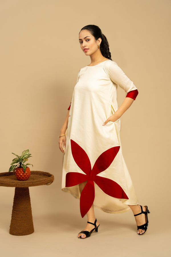 Off White Pure Cotton Silk Asymmetric A-Line Dress with Red Flower Patch