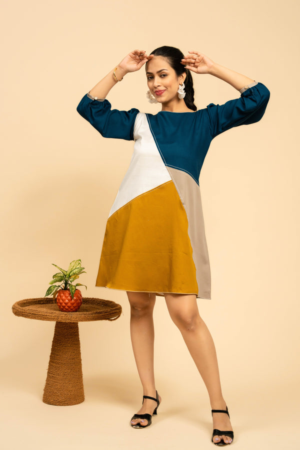 Mush Clothing Color Block Viscose Cotton A Line Short Dress with Anchor Details