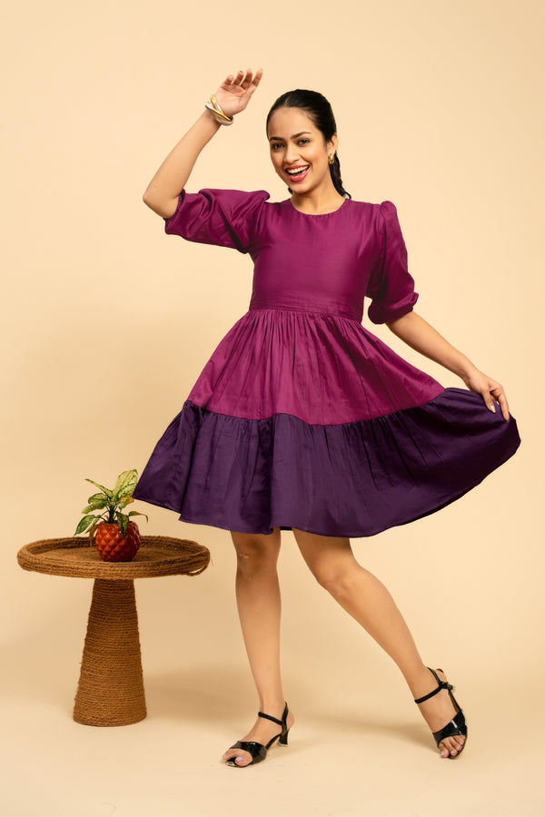 Purple and Wine 2 Tier Viscose Cotton Short Flair Dress