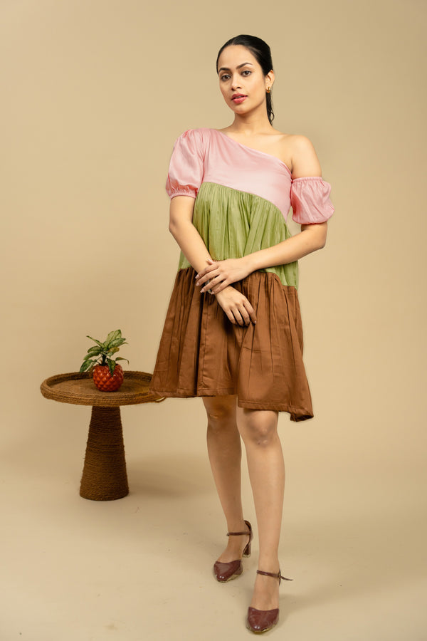 Pink Green and Brown Color Block 3 Tier Cotton Silk Short Flair Dress