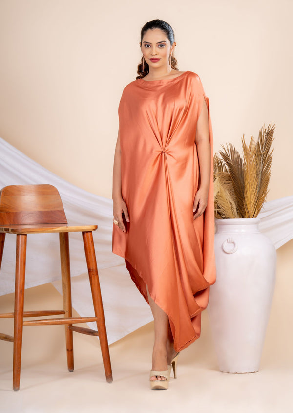 Women Satin Orangish Peach Side Knot Cowl Asymmetric Dress (free Size M-XXL)