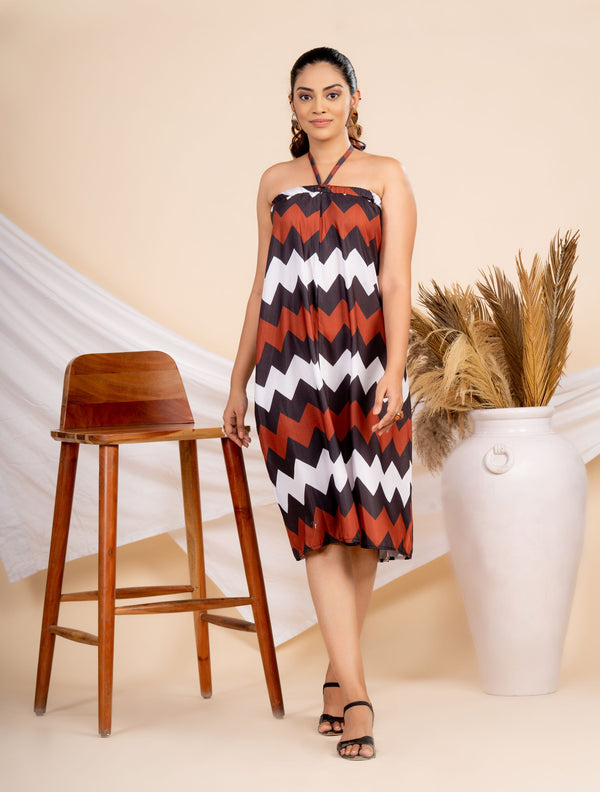 Women Black & Brown Zig-zag Printed Tube Dress