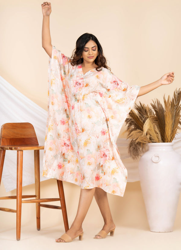 Women Vintage Floral Off White & Taffy Pink Printed Kaftan