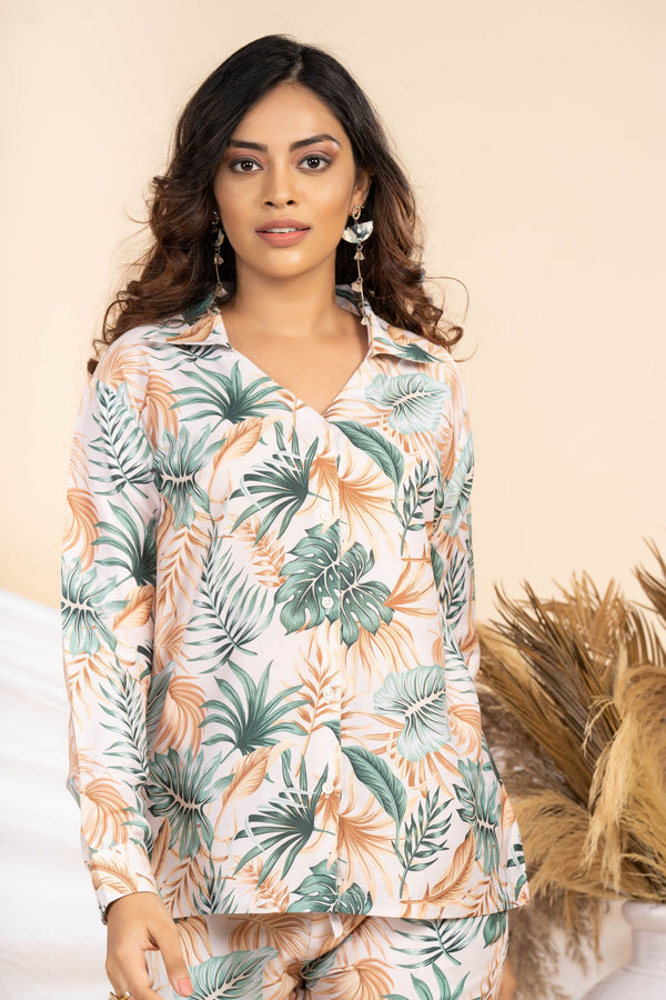 Women Leaf Printed Cream & Green Shirt